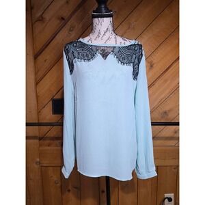 English Laundry Eucalyptus Blue Lace Shoulder Long Sleeve Blouse NWT M